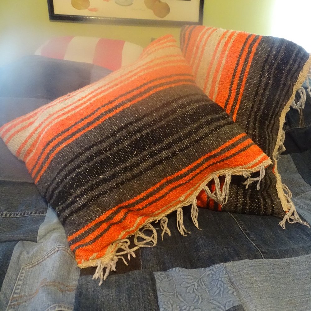 2 pillows made from Mexican blankets, orange, bl, wh, 15" x 18"